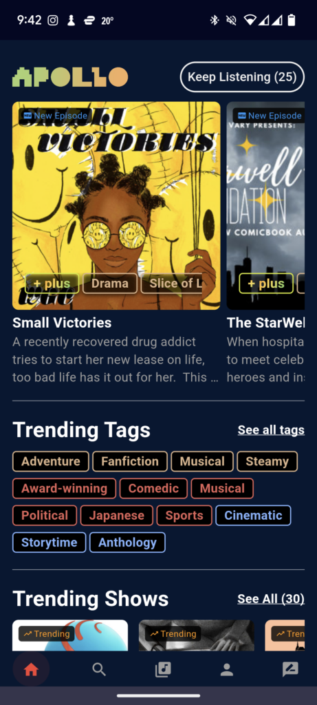 The Discover page of Apollo Podcasts on Android, showing the Superfeature carousel with the fiction podcasts Small Victories and The StarWell Foundation, trending tags, and Trending Shows.