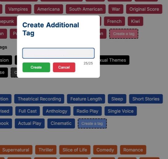 A screenshot of the Create a Tag feature of the show submission page, showing a dialogue box open waiting for a user's input.