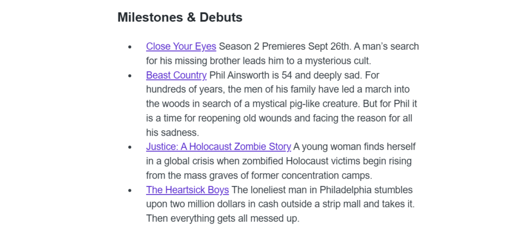 Screenshot of text from the Milestones and Debut's section of the Fiction Podcast Weekly newsletter.