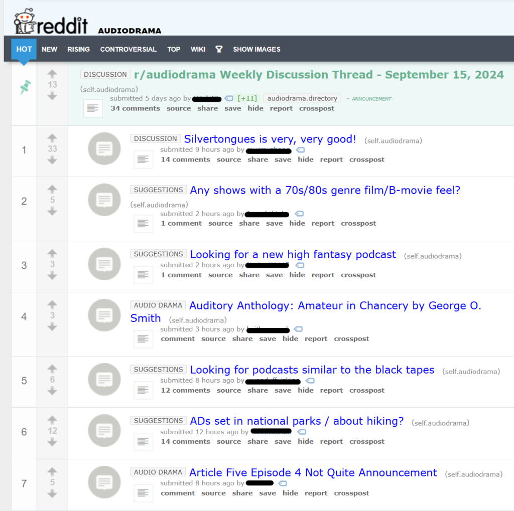 A screenshot of Reddit's r/audiodrama subreddit and a few recent posts.