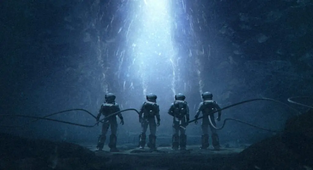 A screen grab of four underseas explorers taken from the fiction podcast series Cascadia