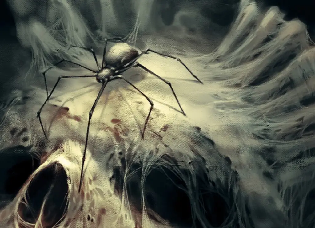 A screen grab of part of the cover art from Mortis Maledictum, a fiction podcast, showing a large spider sitting on a skull covered in cobwebs.